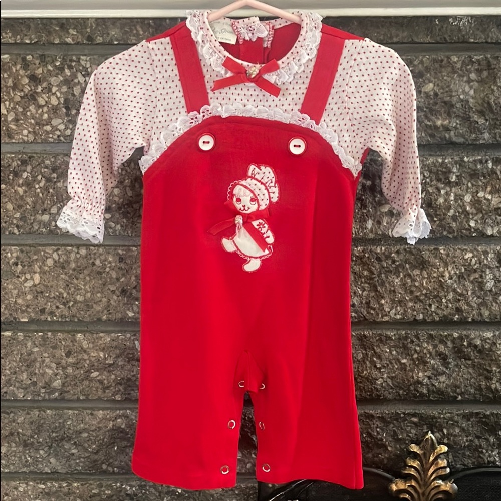 Vintage Doe Spun Red Baby Romper with Polka Dot Shirt Sz 3/6M